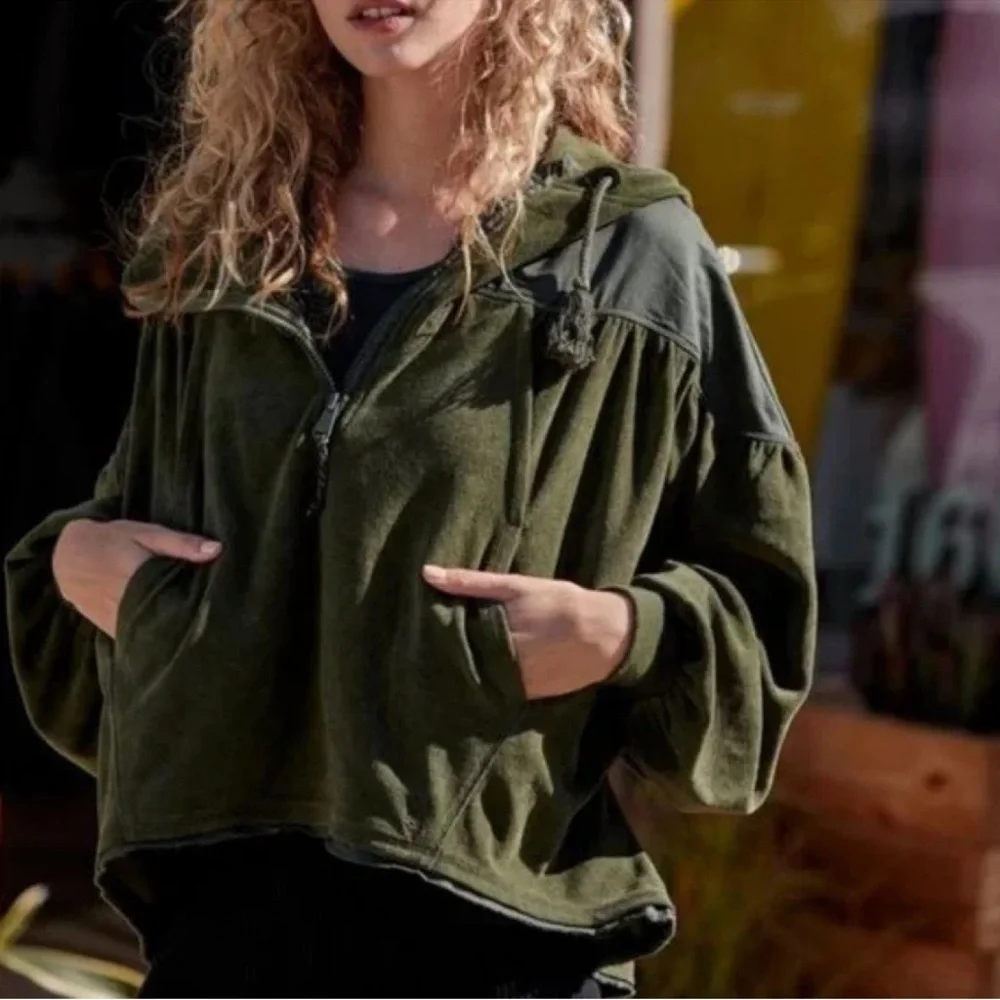 Free People Movement Let It Go Sweat Jacket Army Green Quarter Zip Hoodie Small